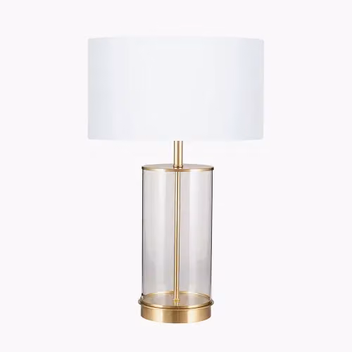 Ruma Glass Cylinder Table Lamp with Gold Detail and White Fabric Lampshade – 2