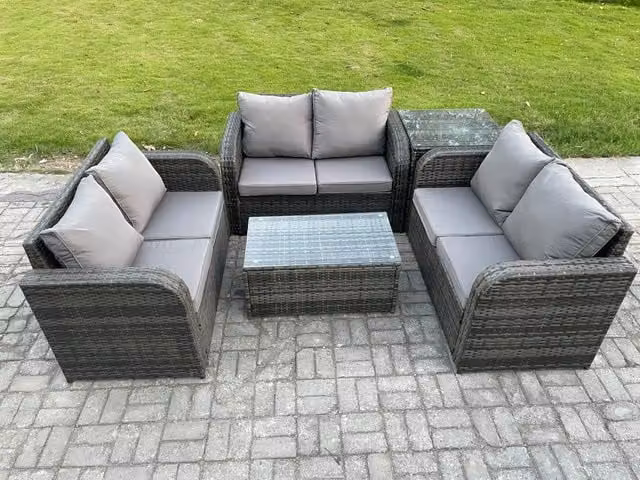 Fimous 6 Seater Wicker Rattan Outdoor Garden Furniture Set with Rectangular Coffee Table and Side Table in Dark Grey