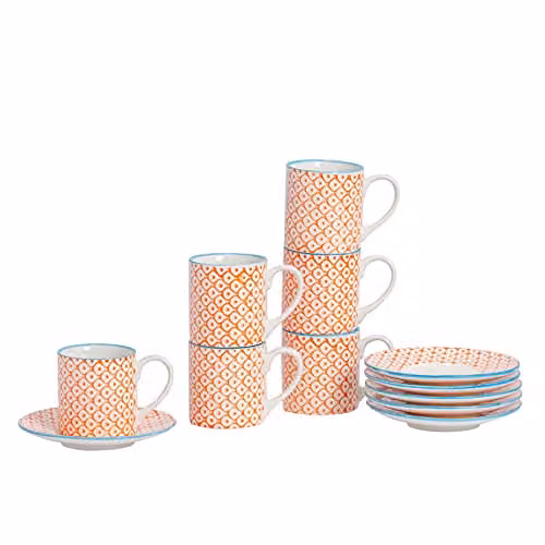 Nicola Spring 12 Piece Orange Hand Printed Espresso Cup and Saucer Set, 65ml Porcelain – 1