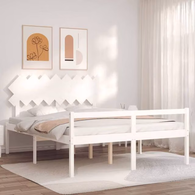 Berkfield Home White Solid Pine Wood Bed Frame with Headboard W/D/H: 160 x 200 cm – 1
