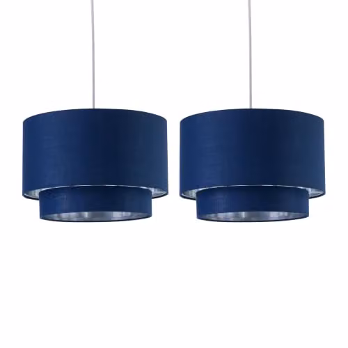 First Choice Lighting Kozy Set of 2 Modern Cylinder Fabric Pendant Shades in Navy Blue and Silver, Diameter: 30 cm – 1