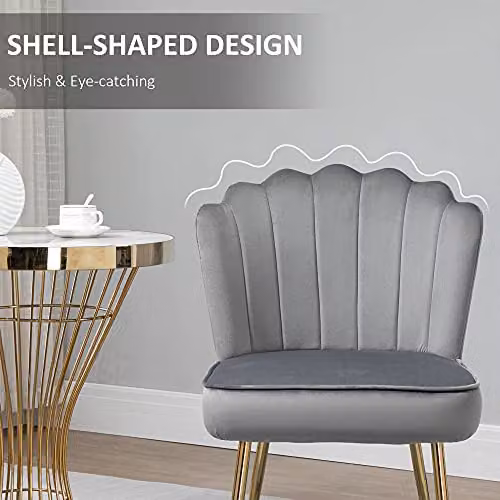 HOMCOM Modern Shell Luxe Velvet Accent Chair in Grey with Gold Metal Legs – 3