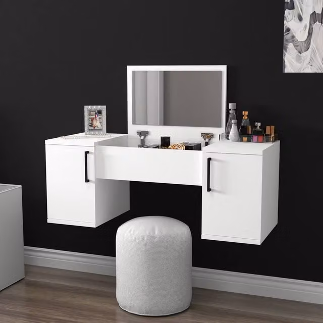 Destina Home Marie Wall-Mounted Makeup Table with Mirror, Shelves and Cabinets, White, W: 100 cm, D: 38.6 cm, H: 35.5 cm