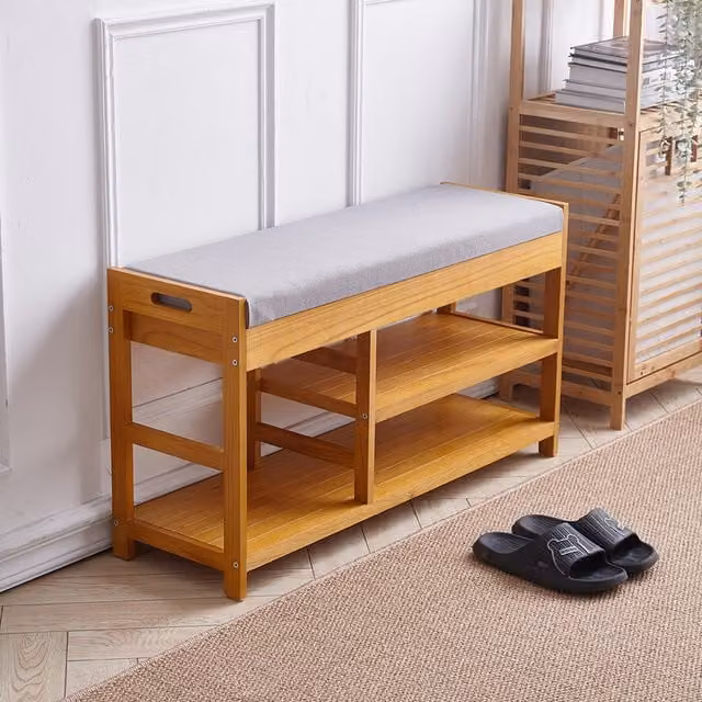 Livingandhome Brown Wooden Shoe Cabinet Bench with Fabric Cushion