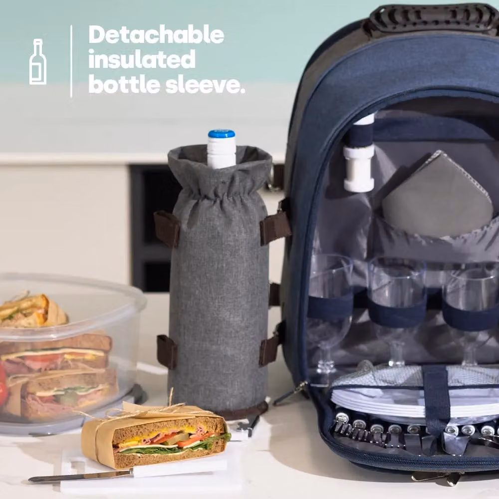 LIVIVO 4 Person Picnic Backpack Set with Blanket, Cutlery, Plates, Wine Glasses and Insulated Bottle Holder in Blue – 5