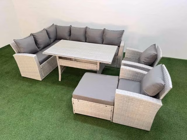 Fimous 9 Seater Rattan Garden Furniture Set with Table, 2 Chairs and Large Footstool in Light Grey