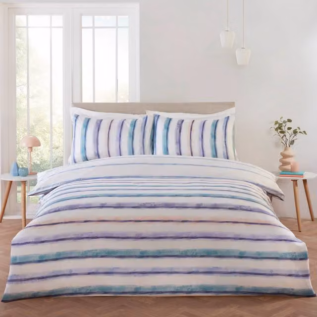 Rapport Home Horizon Blue Striped Reversible Polyester Duvet Cover and Pillowcase Set, Duvet Cover: 200 x 200 cm, Pillowcase: 50 x 75 cm