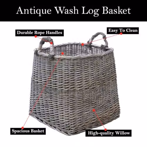 JVL Antiques Wash Square Log Basket with Loop Handles, Brown, W/D/H: 44 x 44 x 44 cm – 3