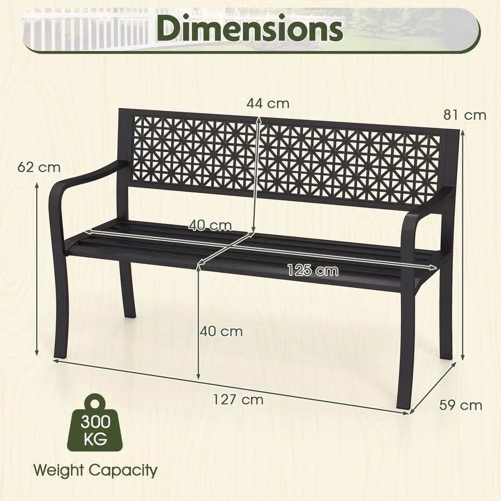 VOGREX Black Modern Geometric Metal 2-3 Seater Patio Garden Bench, Width: 127 cm – 2