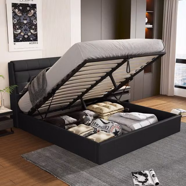 Home Touch Interior Olivia Upholstered Double Bed Frame with Lift Up Storage in Black Synthetic Leather, 140 x 200 cm
