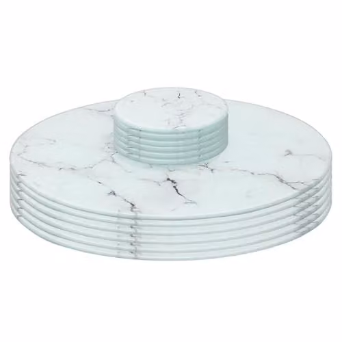 Harbour Housewares 12pc Round Glass Placemats and Coasters Set, White Marble Effect, Diameter: 30 cm – 1