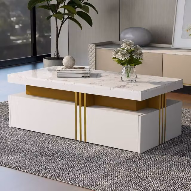 Merax Rectangular Sofa Centre Table with Marble-Effect Top and 2 Drawers, White, W: 100 cm, D: 50 cm, H: 40 cm