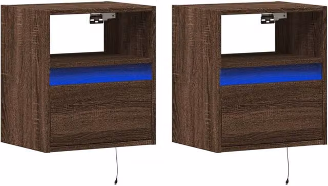 Berkfield Home Set of 2 Wall-mounted Bedside Cabinets with Integrated LED Lights in Brown Oak