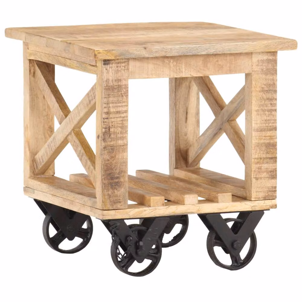 Berkfield Home Side Table in Light Brown Rough Mango Wood with Castors W/D/H: 40 x 40 x 42 cm – 2