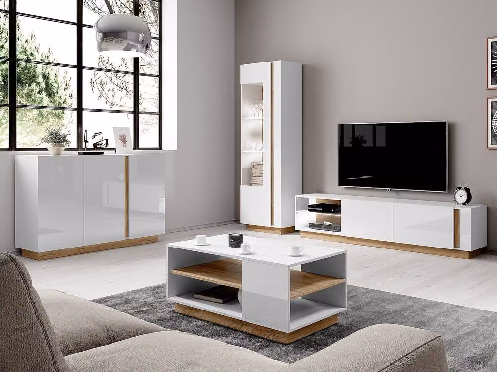 Vente-unique MURARI TV Stand with 2 Doors, 2 Recesses and LED Lighting in Gloss White and Light Oak – 3