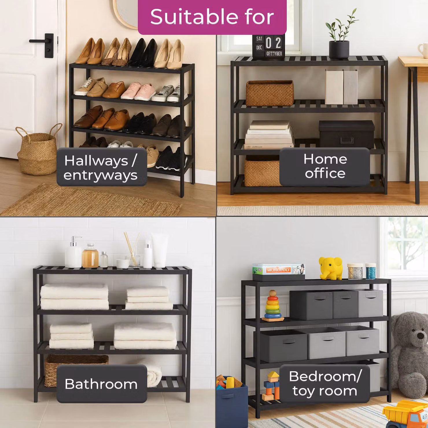 Neo 4 Tier Bamboo Wooden Shoe Storage Rack in Jet Black – 3