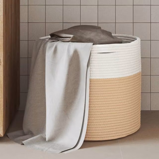 Berkfield Open Weave Cotton Storage Basket in Beige and White, W: 40 cm, D: 35 cm, H: 35 cm