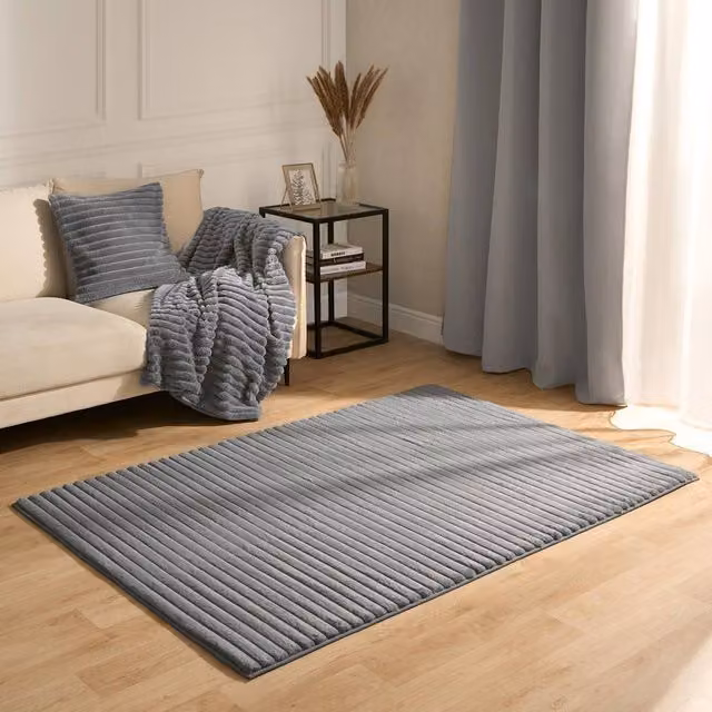OHS Grey Faux Fur Ribbed Rug with Anti-Slip Backing, W: 160 cm, L: 230 cm