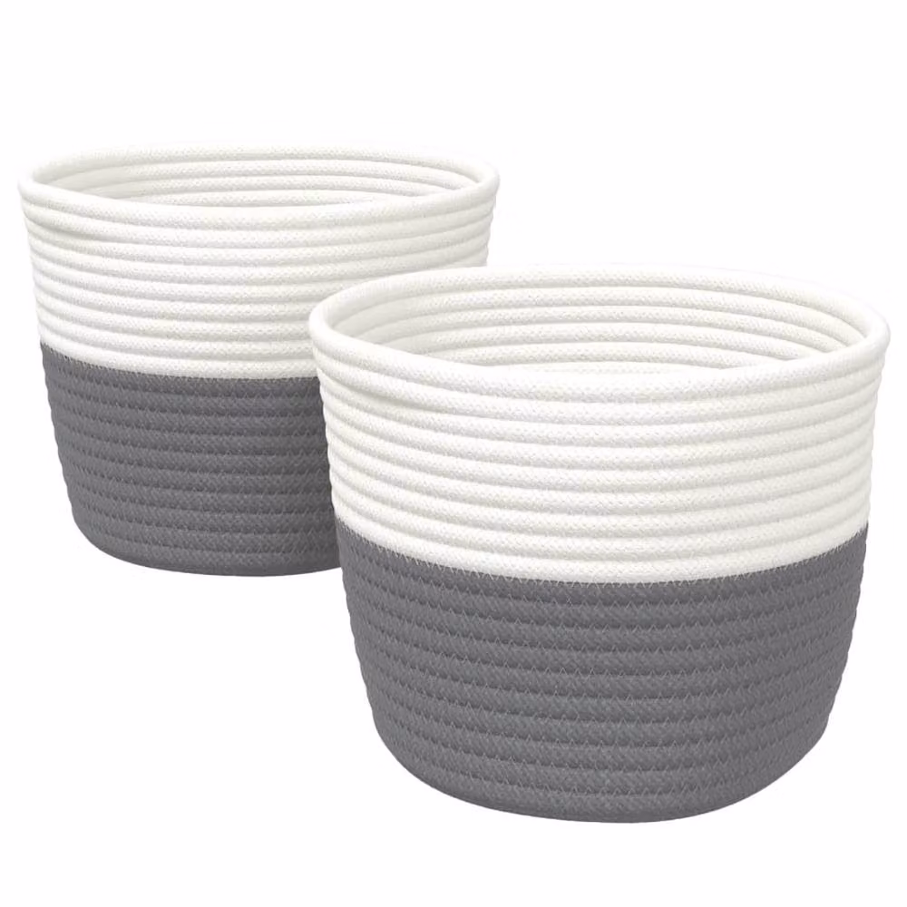 Berkfield Home Storage Baskets, 2 Pack, Grey and White Cotton Fabric, W: 24 cm, H: 18 cm – 2