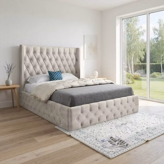 KDMD Verwood Winged Upholstered Designer Bed Frame in Beige Soft Velvet, Size: King (180 x 200 cm)