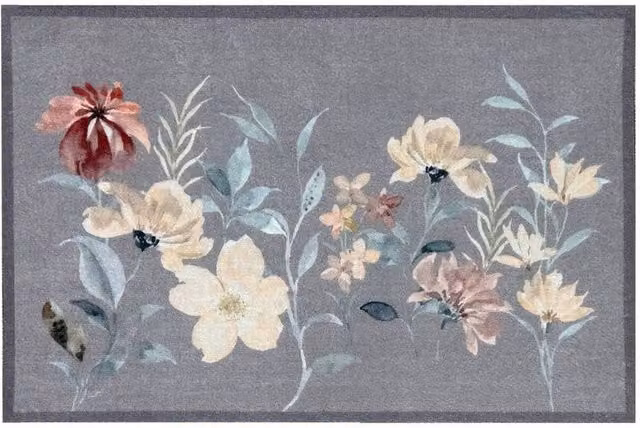 The Rug Shop UK Modern Floral Rectangular Mat in Grey, Yellow and Brown, W: 50 cm, L: 150 cm