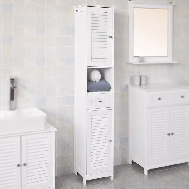 SoBuy Tall Freestanding Bathroom Storage Cabinet in White with Doors, Drawer and Open Shelf, W32 x D30 x H170 cm