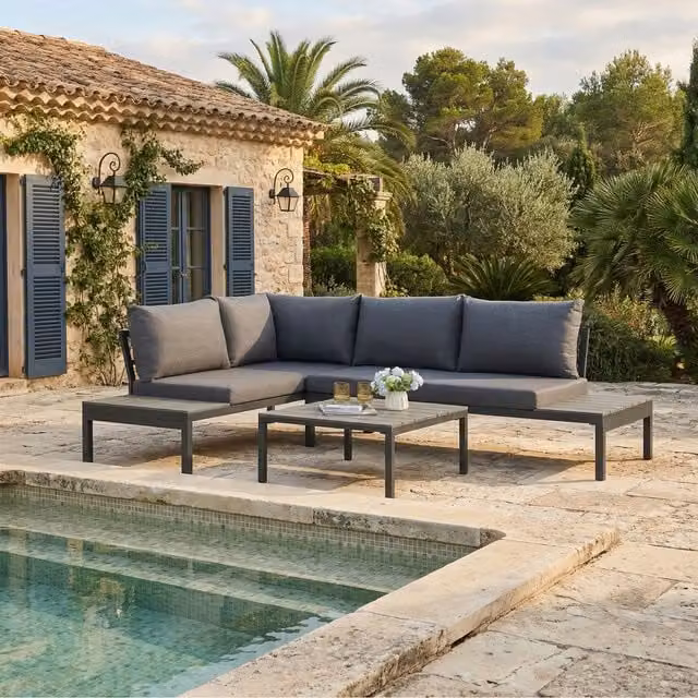 Home Garden Direct Rhea 4 Seater Garden Set with Table Platform Corner Sofa in Grey and Black