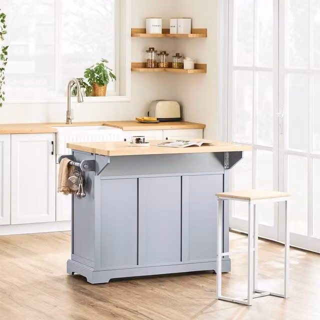 SoBuy Mobile Drop-Leaf Kitchen Island Breakfast Bar in Grey with 2 Drawers and Internal Shelves – 1