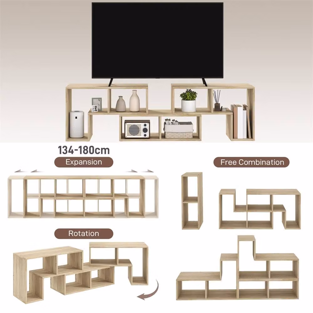 EONLION Grey Oak Wood Grain TV Stand with Storage Shelves in Beige, Width: 100 cm – 3