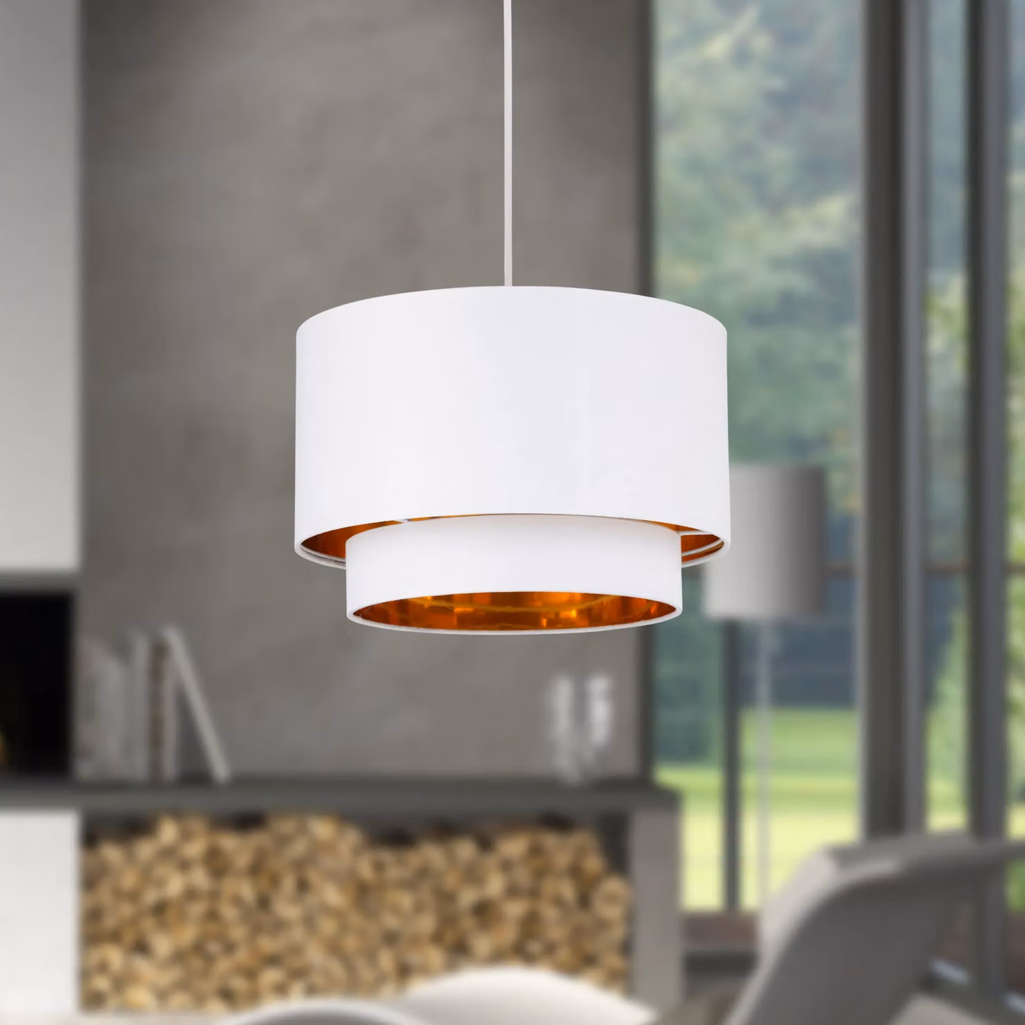 First Choice Lighting Kozy Modern Round Fabric Pendant Shade in White and Gold/Brass, Diameter: 30 cm – 2