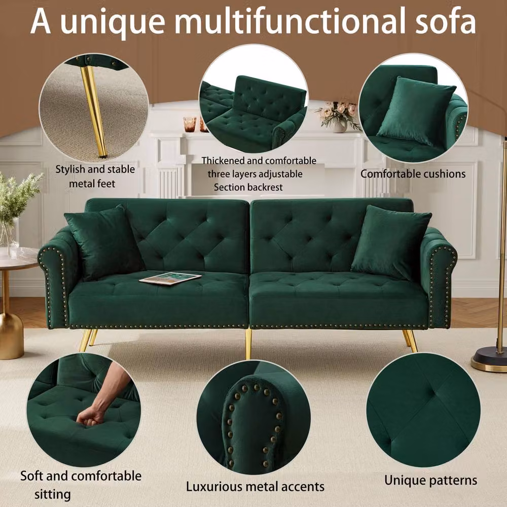BTM Green Velvet 2-Seater Click Clack Sofa Bed with Adjustable Headrest and Gold Metal Feet, W/D/H: 150 x 87 cm – 6