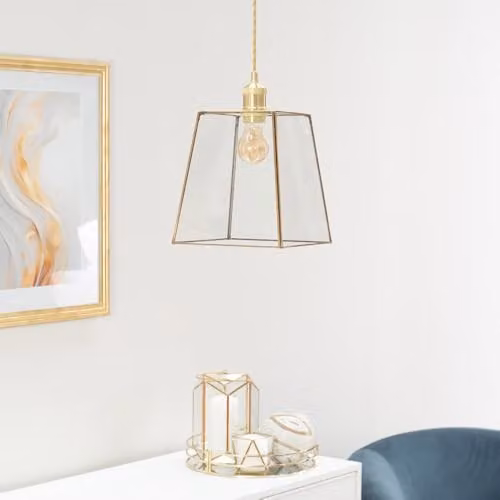 ValueLights Pair of 2 Gold Metal and Clear Glass Lantern Easy Fit Ceiling Light Shades, Shade Width: 18 cm