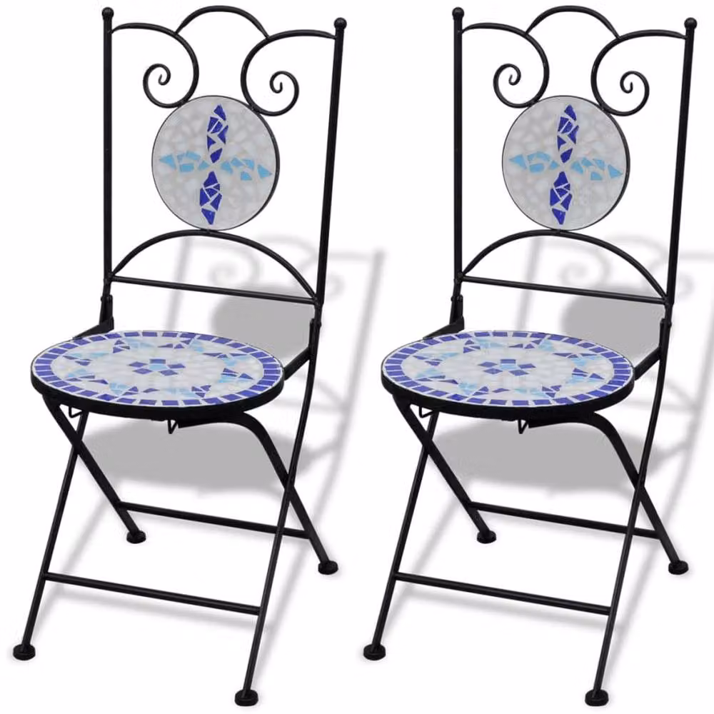 Berkfield Home 3 Piece Ceramic and Metal Bistro Set in Blue and White Geometric Mediterranean Design – 1