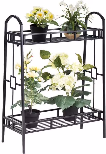 Gymax 2 Tier Metal Plant Stand and Flower Pot Display Rack in Matt Black