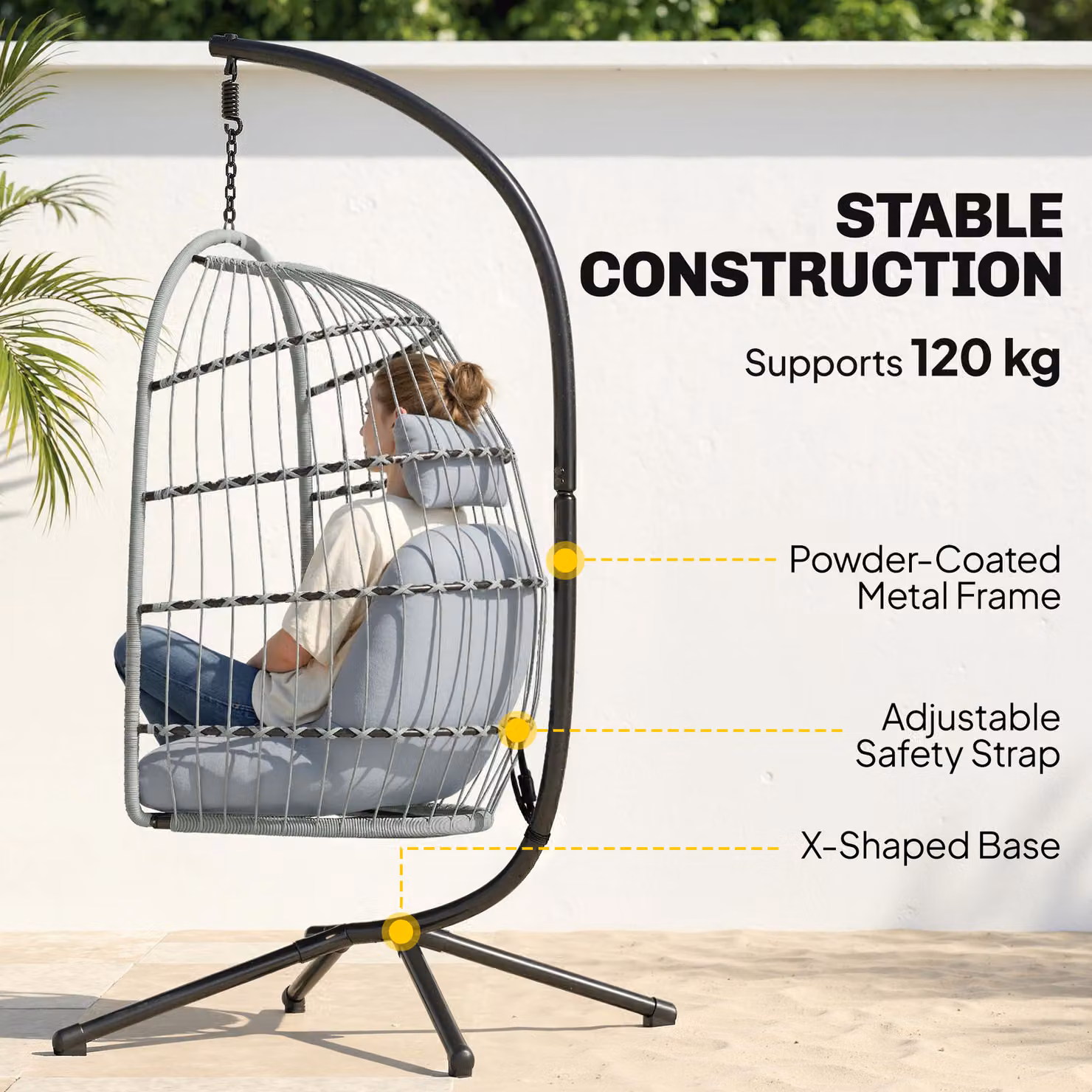 Outsunny Hanging Egg Chair with Stand and Cushions, Light Grey Indoor Outdoor Hammock Swing Chair – 3
