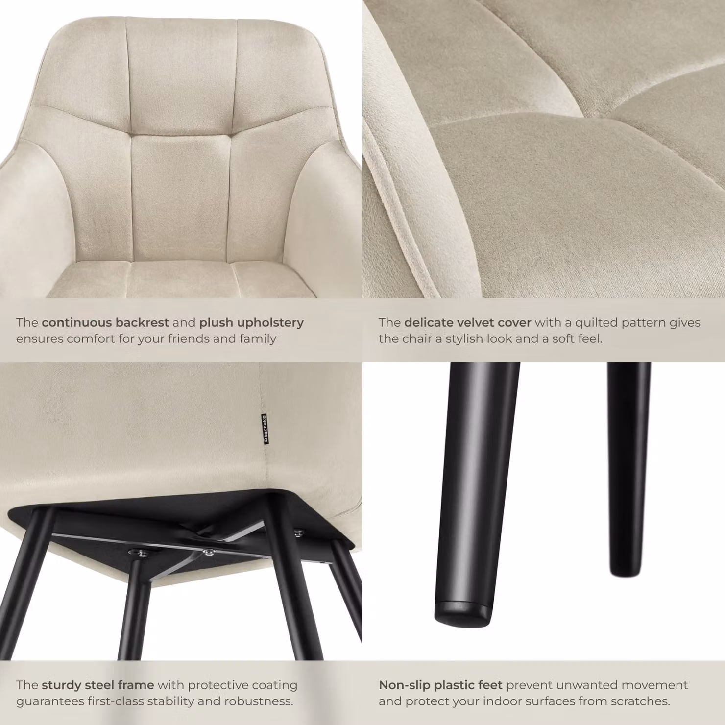 tectake Marilyn Set of 4 Dining Chairs in Cream and Black with Velvet Fabric and Armrests – 4