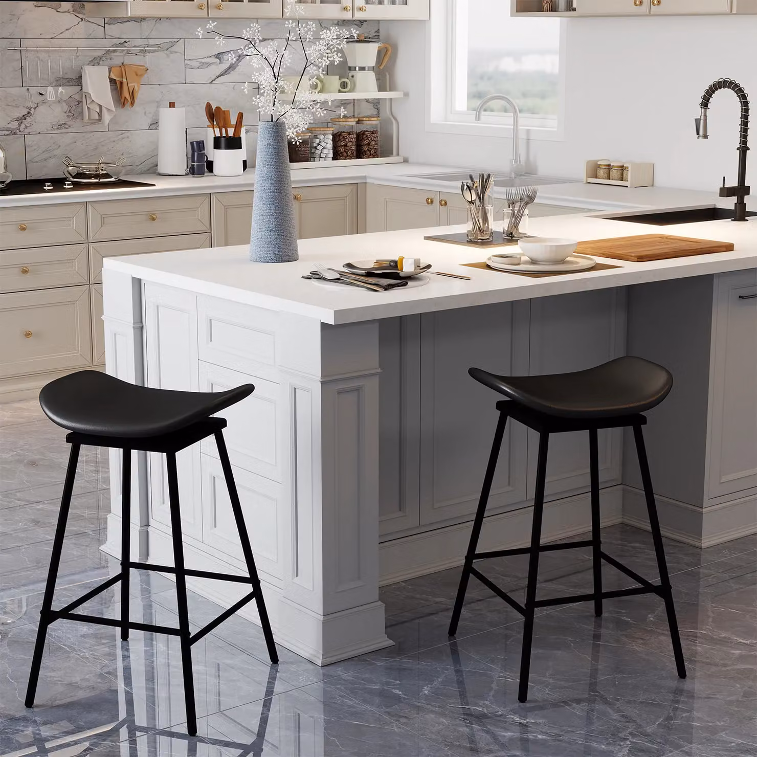 Costway Set of 2 Black Faux Leather Swivel Barstools with Metal Frames – 7