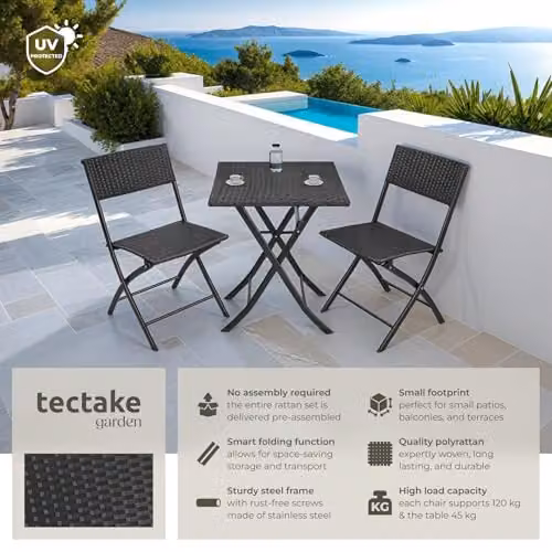 tectake 3 Piece Bistro Set with Foldable Poly Rattan Chairs and Table in Black – 2