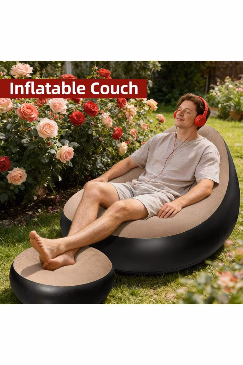KDMD 2 Piece Inflatable Lounge Chair and Footstool Set for Gaming in Light Brown – 3