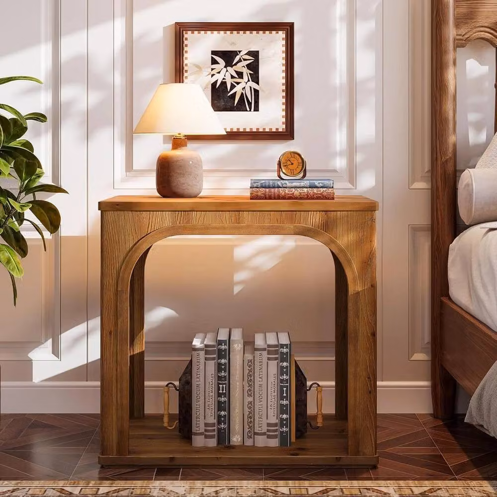 VOGREX Solid Wood Arched 2-Tier Side Table in Brown – 4