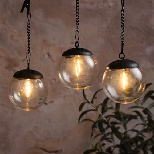 Lights4fun Set of 3 Solar Filament Globe Hanging Lights with Warm White LEDs, Transparent Glass Sphere Lanterns in Black for Garden and Terrace – 1