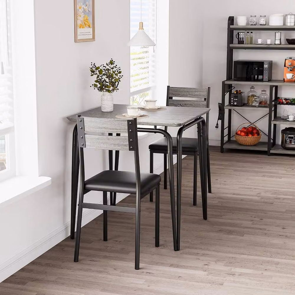 London Boutique 3-Piece Modern Wooden Kitchen Dining Table Set with 2 Grey Upholstered Chairs – 2