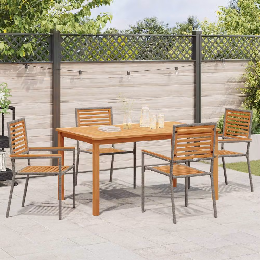 Berkfield Home 5 Piece Grey Poly Rattan and Acacia Wood Garden Dining Set – 3