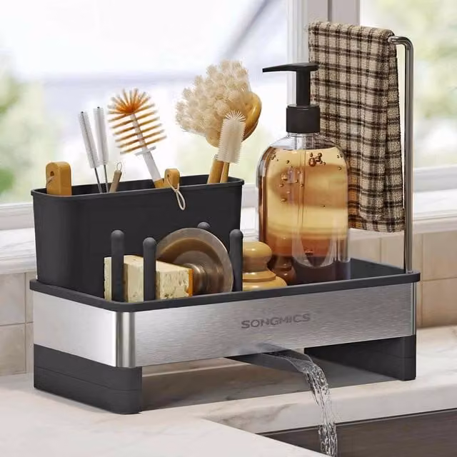 The Bazaarist Stainless Steel Freestanding Sink Tidies with Rotating Spout and Sponge Compartment, Black and Silver – 1