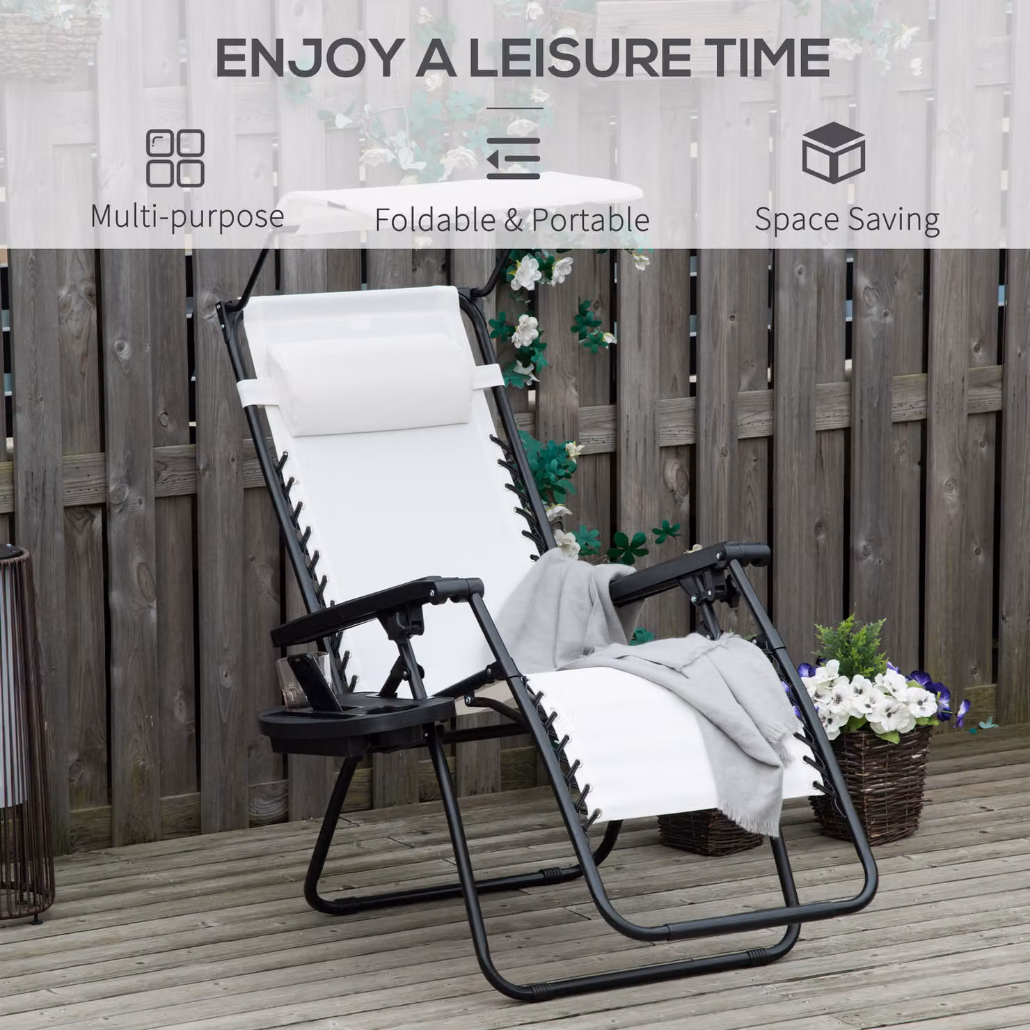 Outsunny Zero Gravity Folding Garden Deck Chair with Canopy Shade and Cup Holder, White – 4