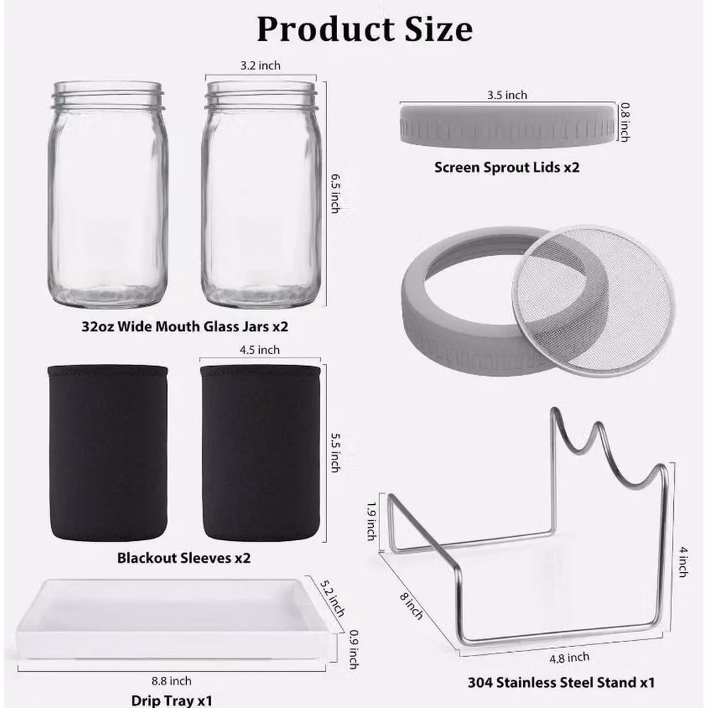 EONLION 2-Piece Seed Sprouting Jar Kit with Glass Jars, Stainless Steel Stand and Tray in Transparent – 2