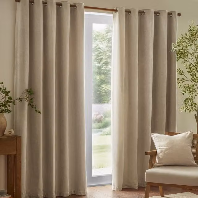Make It A Home Heavy Chenille Velvet Eyelet Curtains in Beige Yellow, Height: 229 cm
