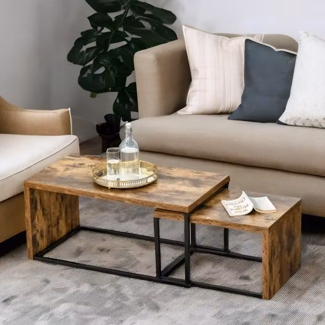 Rafaelo Mobilia Set of 2 Industrial Rustic Nesting Tables in Dark Brown and Black