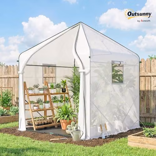 Outsunny Walk-in Greenhouse for Outdoor Vegetable Gardens, White, W/D/H: 160 x 160 x 200 cm – 2