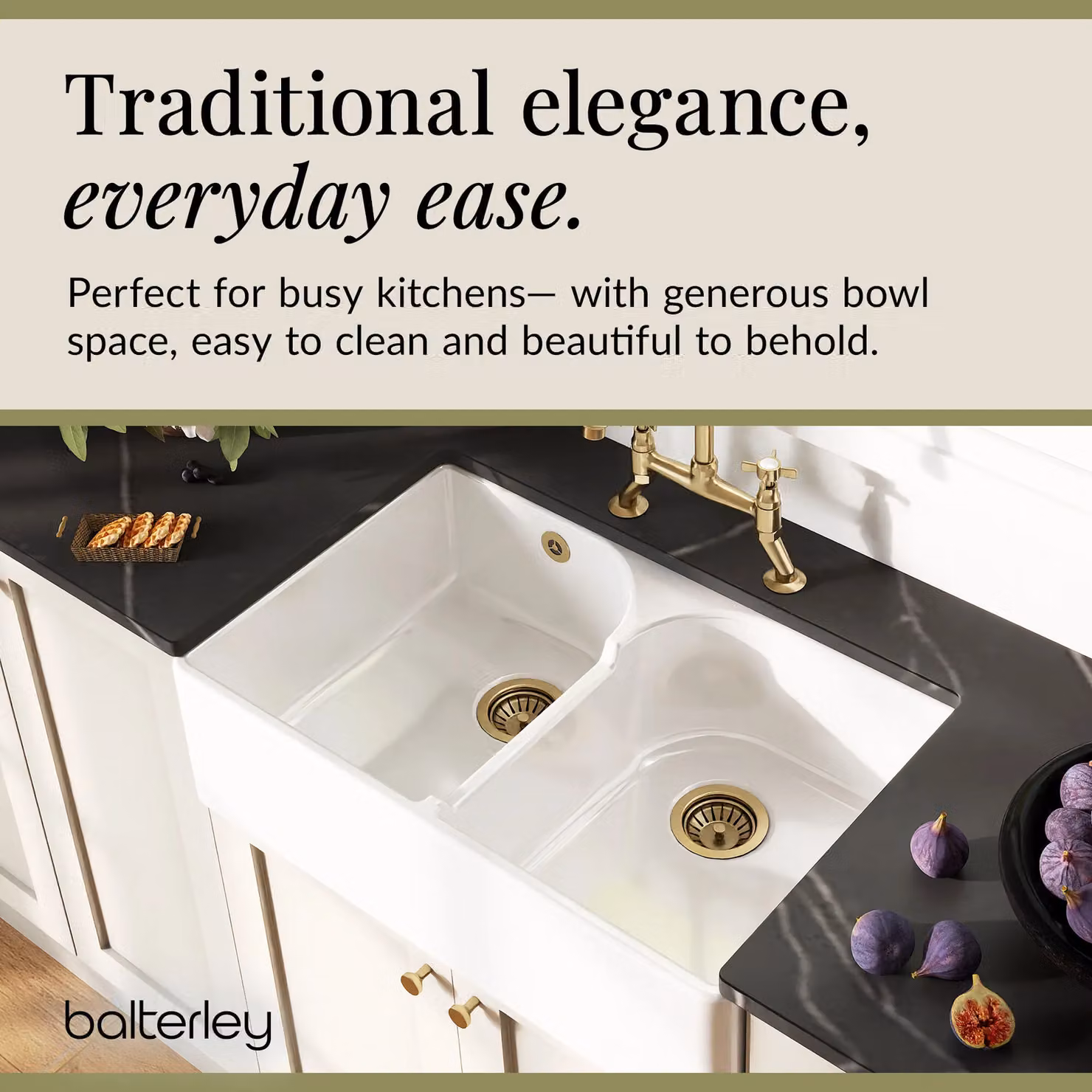 Balterley White Ceramic 2 Bowl Stepped Weir Fireclay Butler Sink with Wastes and Tap, W: 79.5 cm – 2
